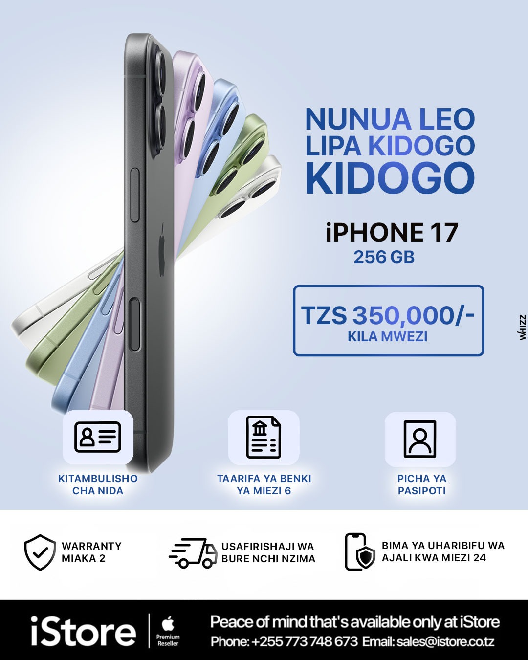 Miliki iPhone 17 (GB 256) kwa TZS 350,000 tu kwa mwezi.